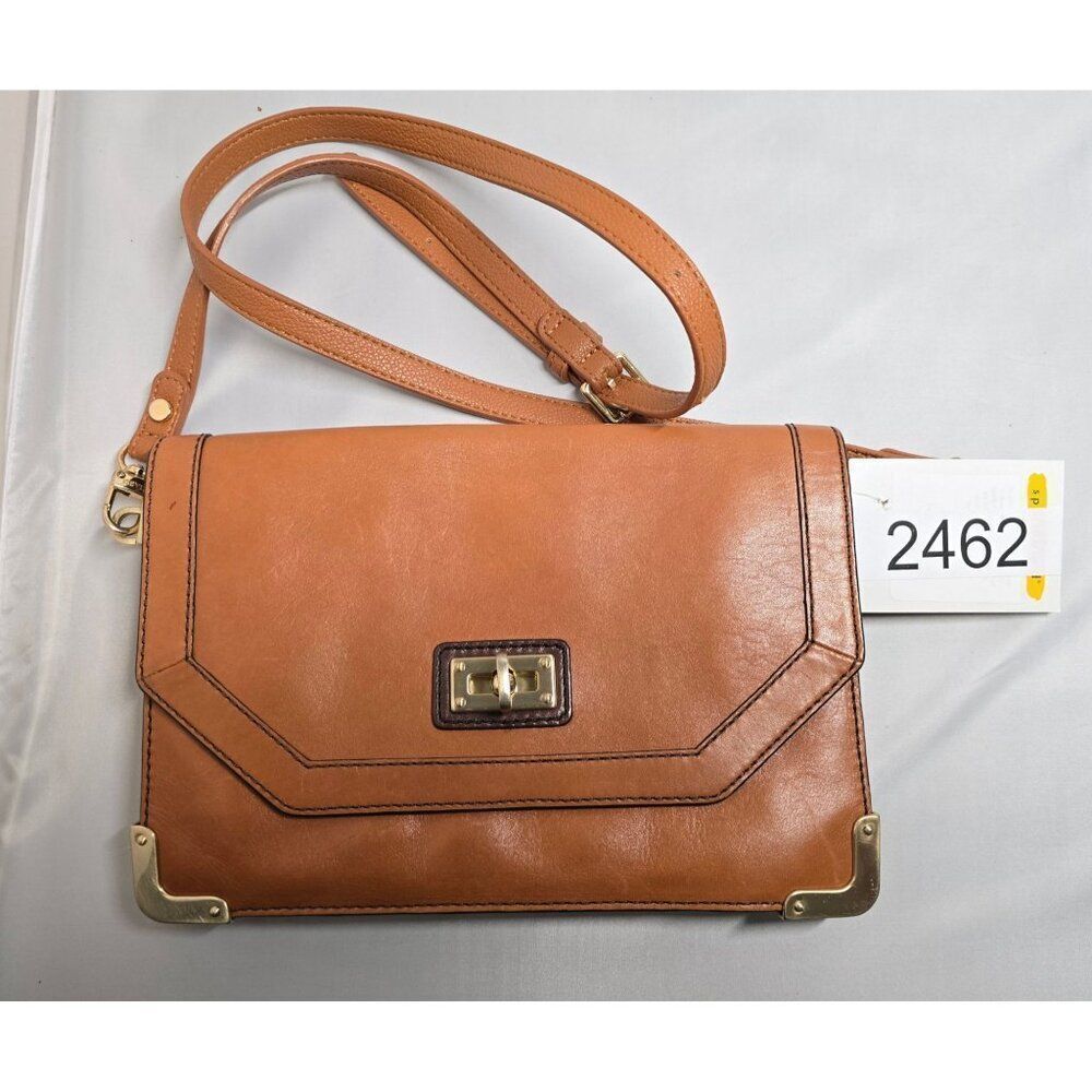 Vintage Tan Leather Crossbody Bag With Gold Accents & Turn-Lock Closure